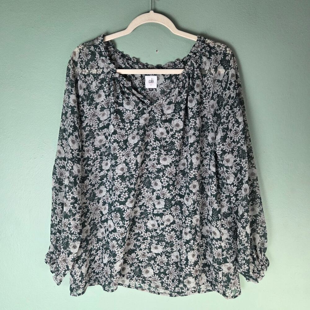 Cabi Womens Olive Green Floral Print Sheer Bianca Peasant Blouse Top Size Small